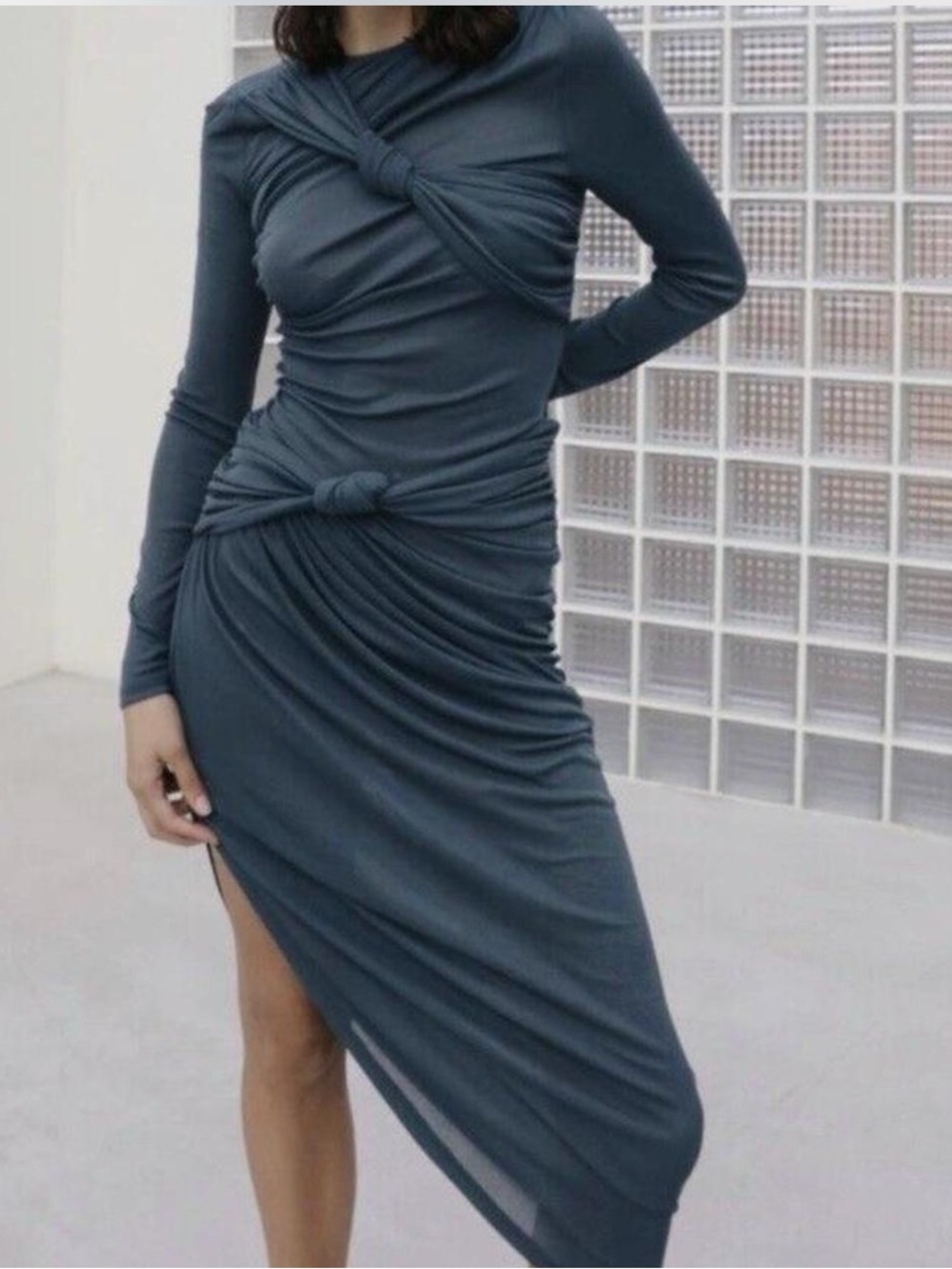 Zara Long Sleeve Asymmetric Knot Dress in Slate Blue size small